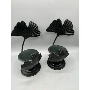 Set Of 2 Black Metal Gingko Leaf Pillar Candle Holders Decor